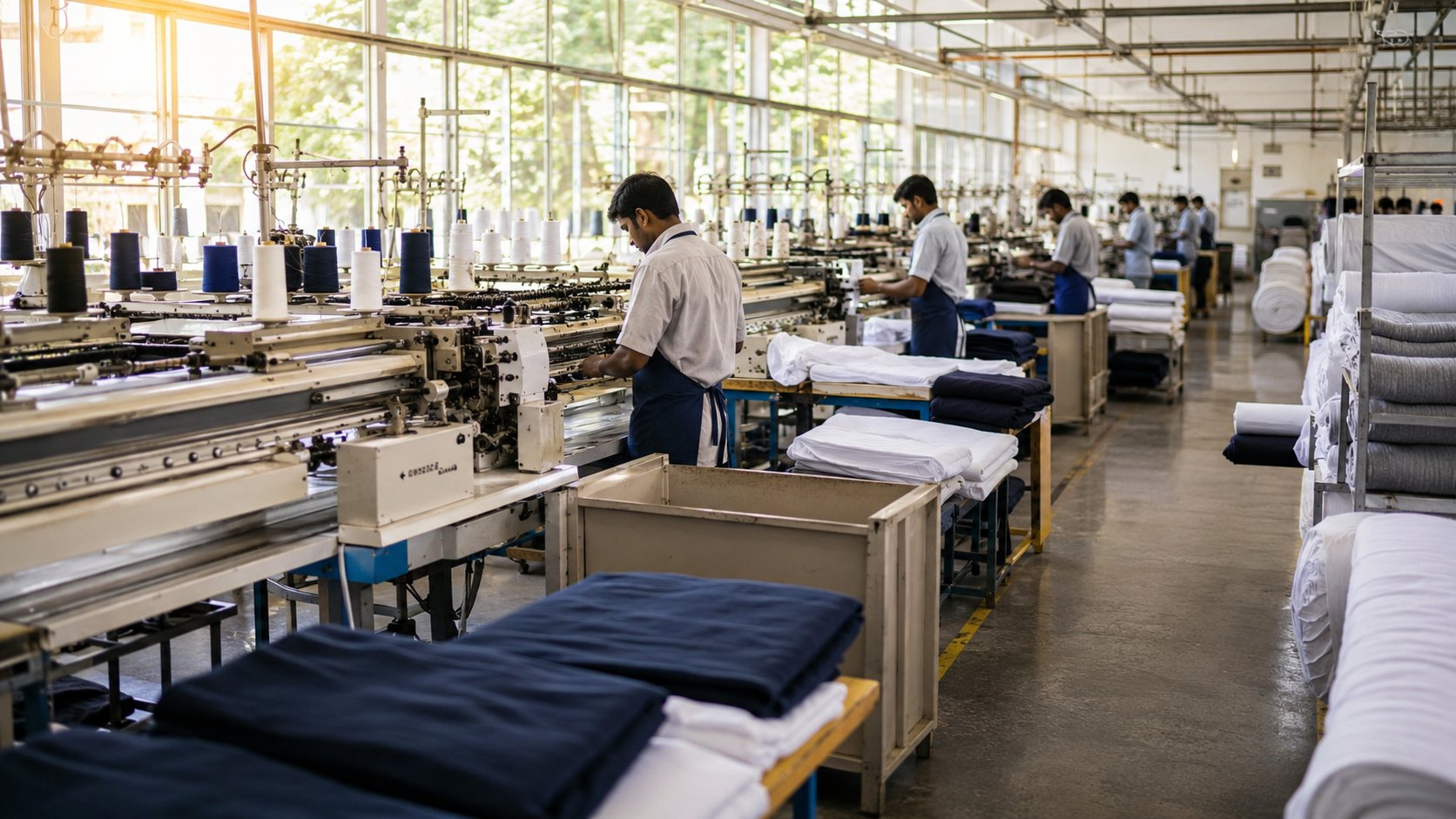 Textile factory floor manufacturing men's private label innerwear in India