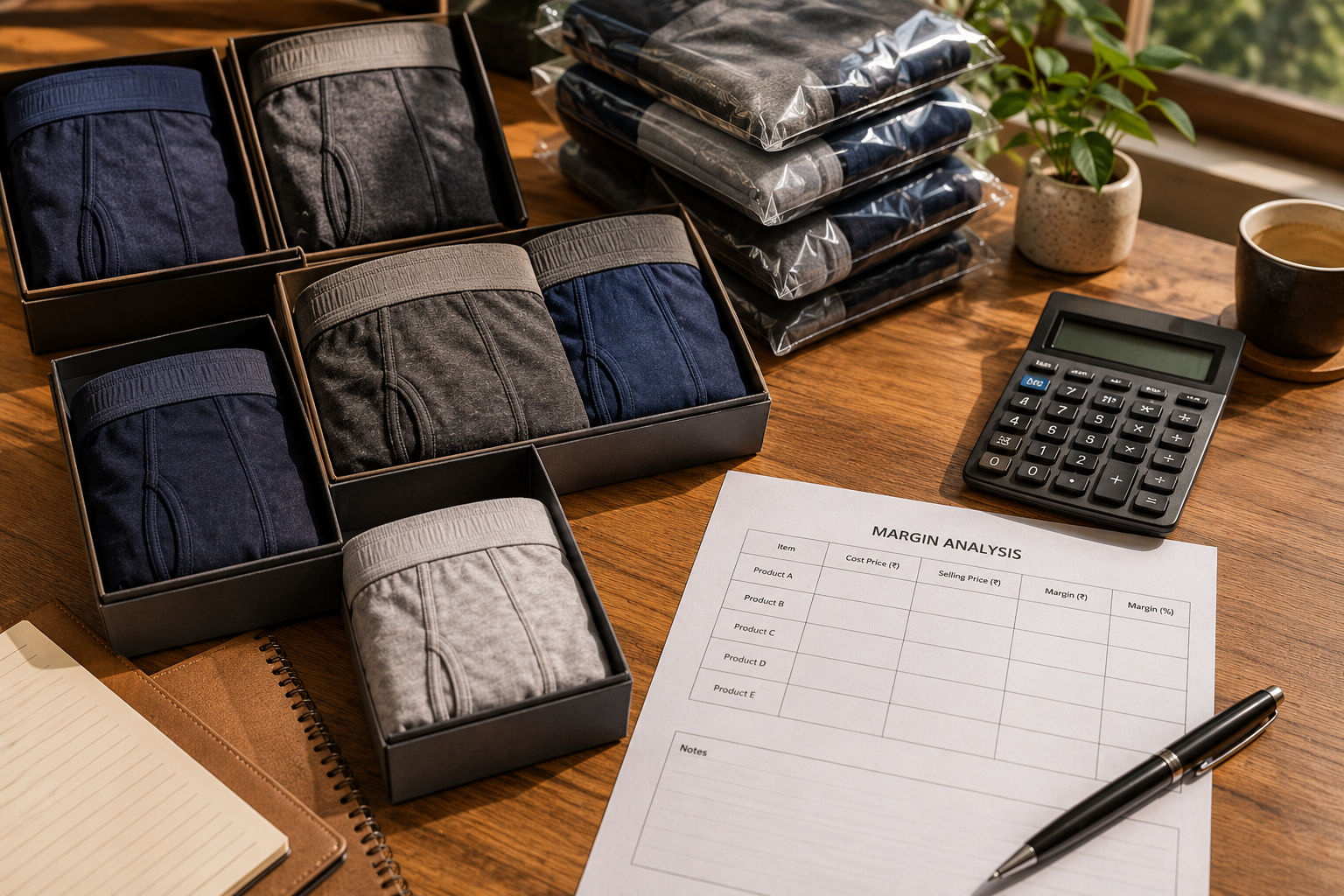 Fabric, elastic, and measuring tape arranged with wholesale innerwear packs